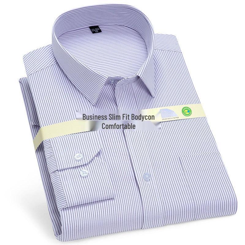 Męska koszula z długim rękawem Golden Shield w białe paski, o luźnym kroju, biznesowa, formalna, zapinana na guziki