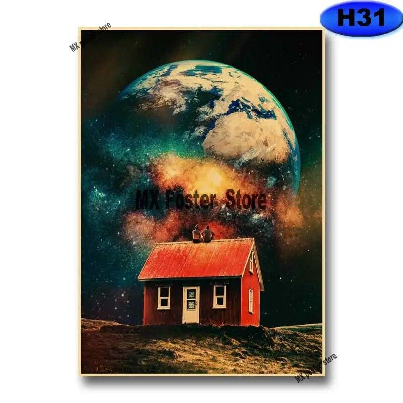 Ρετρό Πόστερ Διαστηρικού Ονείρου Νυχτερινός Ουρανός Σύμπαν Γη Γαλαξίας Επιτοίχια Τέχνη Ζωγραφική Εικόνες Επιστημονικής Φαντασίας για Διακόσμηση Σπιτιού Δωματίου Μπαρ