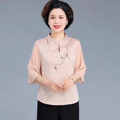 Summer New Chinese Style Middle-aged Women's 3/4 Sleeve Embroidered Chiffon Blouse Elegant Stand Zipper Top
