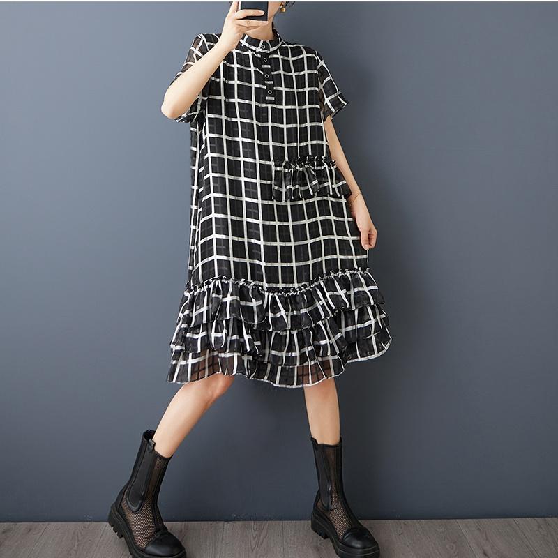 Kurzärmlig Übergröße Vintage Karomuster Neu in Kleider für Frauen Lässig Locker Midi Lang Sommerkleid