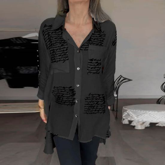 

Yousheng женская весна-лето рубашка рубашка с длинными рукавами с лацканами топы с карманами с буквенным принтом однобортная тонкая блузка нерегулярные топы средней длины