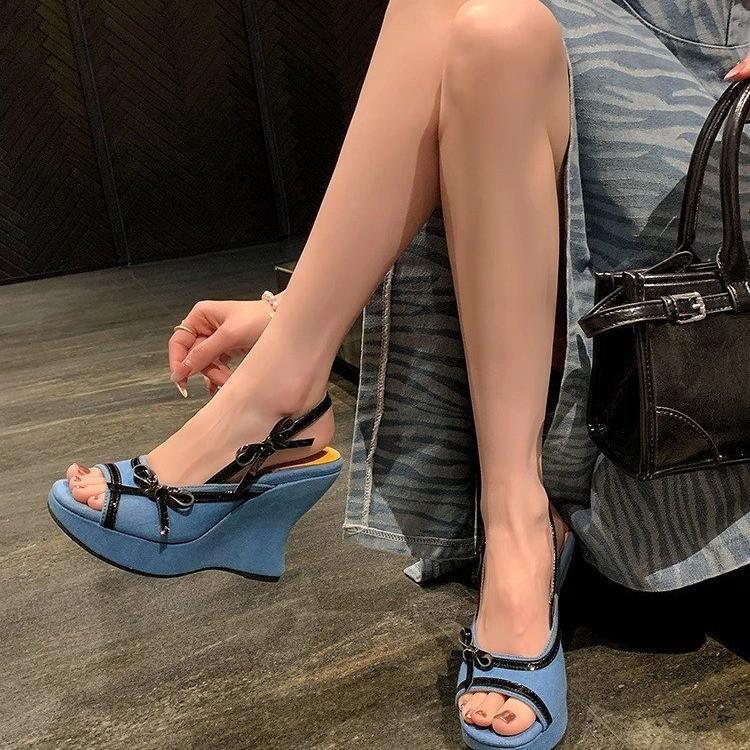 Fashion Bow Women Super High Heels Shoes Woman Cowboy Peep Toe Wedges Heeled Sandals 2025 Fashion Slingback Summer Dress Sandalias Mujer
