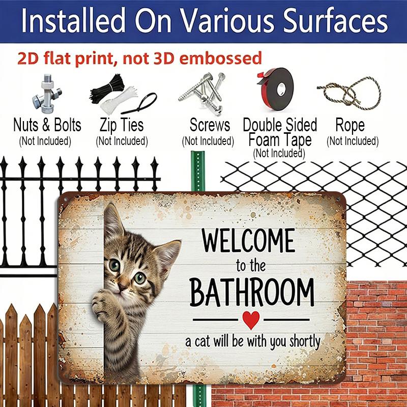 2D Flat 1pc "Welcome To The Bathroom Cat Will Be with You Soon" Wall Sign - Vintage Farmhouse Bathroom Decor with Cat-Themed Welcome Plaque