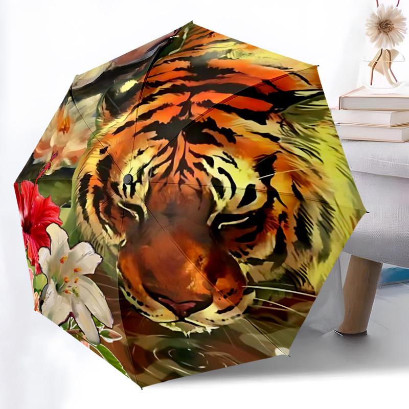 1pc Tiger Flowers Automatic Folding Umbrella Automatic Open/Close, 8-Rib Durable Frame, Compact Travel Umbrella Suitable024