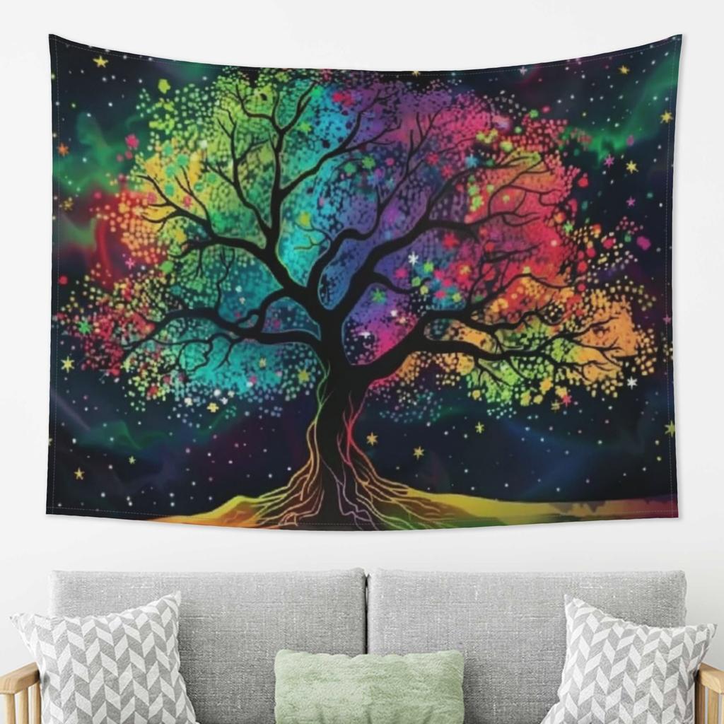 Vibrant Cosmic Tree Tapestry Rainbow Stars Transform Bedroom Living Room with Magical Art for Unique Decor