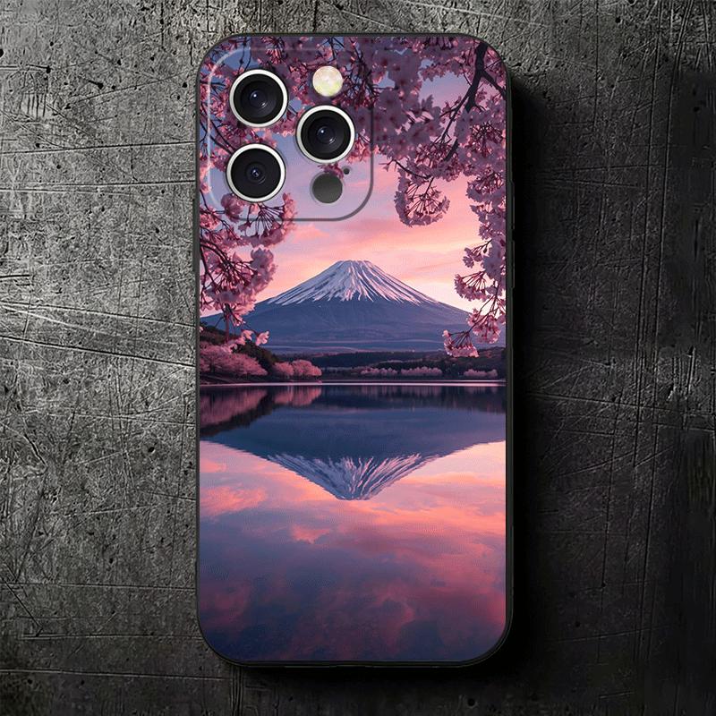 Japanese Pink Cherry Mount Fuji Soft Phone Case for iPhone 16 16E 17 Air 15 Pro Max 14 Plus 13 Mini 11 12 7 Black Cover Back She