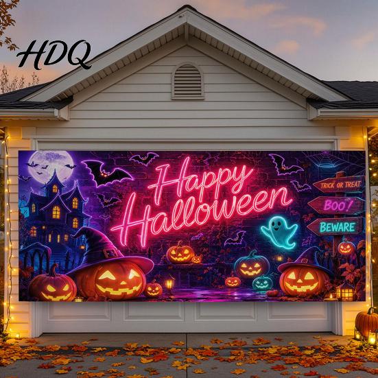 Large Spooky Holiday Banner Halloween Garage Door Banner Pumpkin Ghost Spider Web Patterns Yard Flag Polyester Festive Wall Sign for Party