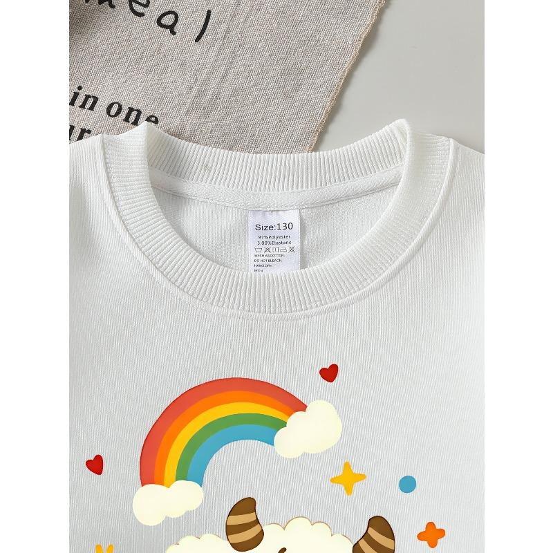 Girls Soft Crewneck SweatshirtCute Cartoon Bull Rainbow Print Design with Cute Creative Print, Casual All-Match for Fall Winter, Ideal Holiday Present