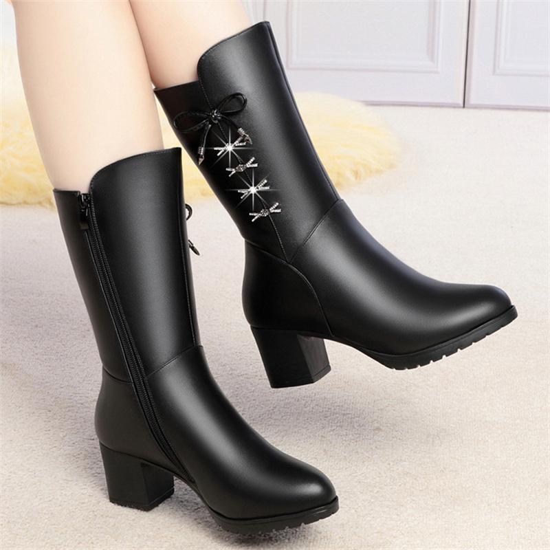 Winter New Fashion High Heel Side Zipper Black Versatile Fashion Boots For Women External Wear Comfort Anti-Slip Mid-Calf Boots