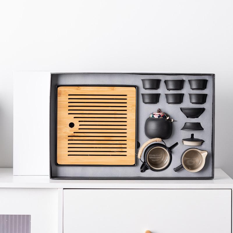 High-end Black Pottery Kung Fu Tea Set Home Living Room Simple Ceramic Dry Brew Tea Tray Light Luxury Modern Large Set Gift Box