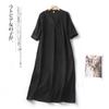 2025 Summer New Cotton and Linen Dress Women's Loose and Thin V-neck Five-quarter Sleeve Solid Color Long Skirt