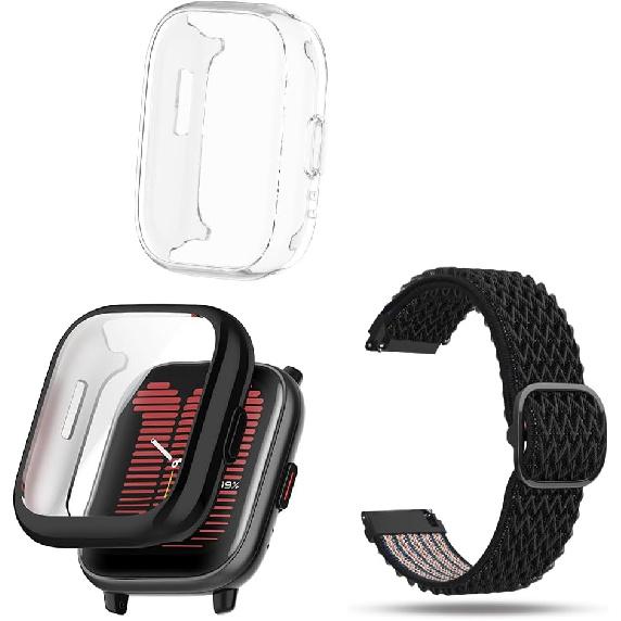 Cases and Watch Strap Compatible for Amazfit Active Smartwatch Screen Protector, Soft TPU Full Coverage Smartwatch Case and Nylon Loop Braided Watch