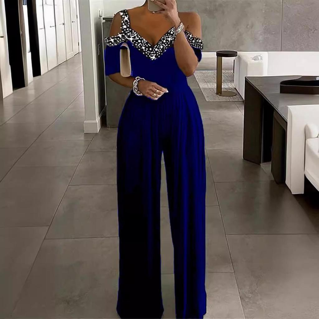 Women's Off-Shoulder Jumpsuit with Polka Dot and Rhinestone Detail In Black, Wine Red, Navy Blue