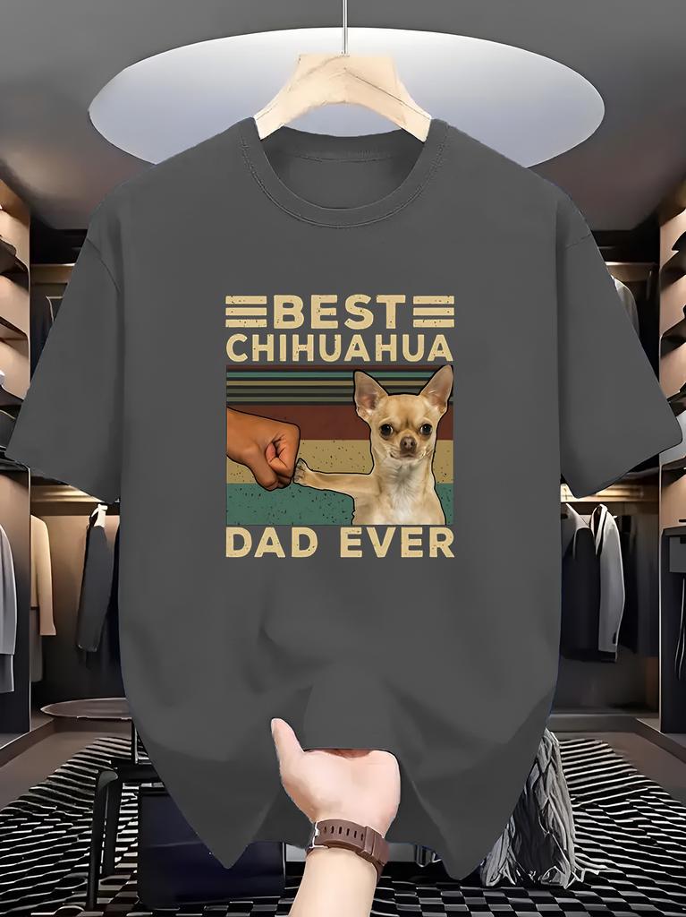 Unisexs Vintage Cotton Tee Best Chihuahua Dad Ever Retro Stripe Fist Bump Dog Print Pet Lover Male Short Sleeve Gift Top
