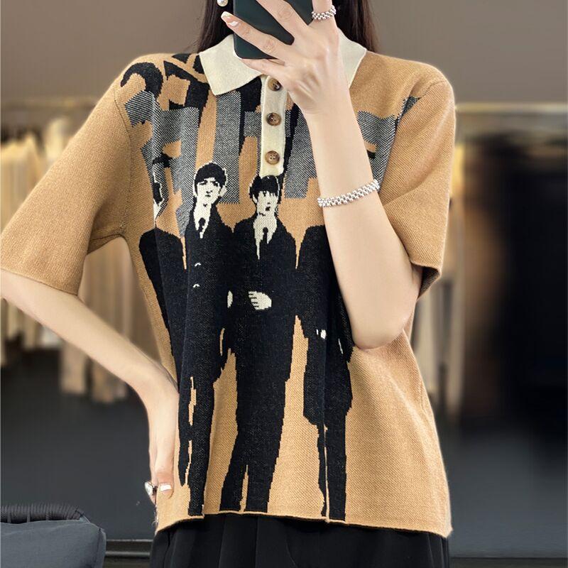 

Трикотажная футболка с воротником поло из хлопковой нити, с коротким рукавом, летняя новинка, свободная и универсальная, модный трикотажный топ с коротким рукавом XXL