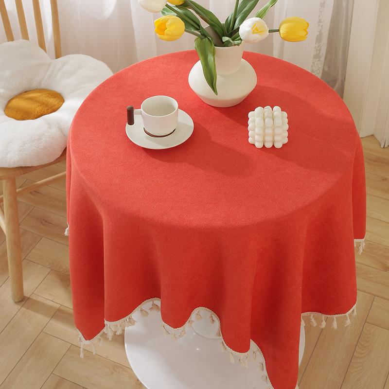Solid Color Linen Tablecloth With Fringe Round Rectangle Dining Desk Table Cover
