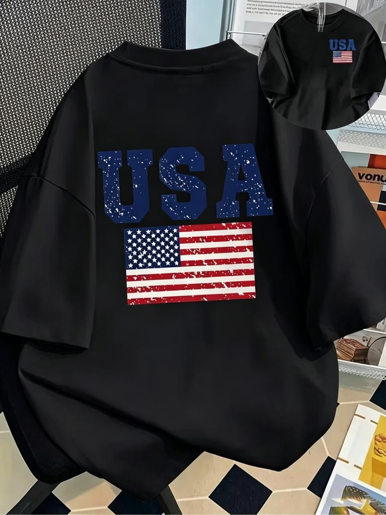 USA Flag Patriotic Print Tshirt Double Sided American Flag USA Letter Graphic Short Sleeve Tops Unisex 4th Of July Casual Tee
