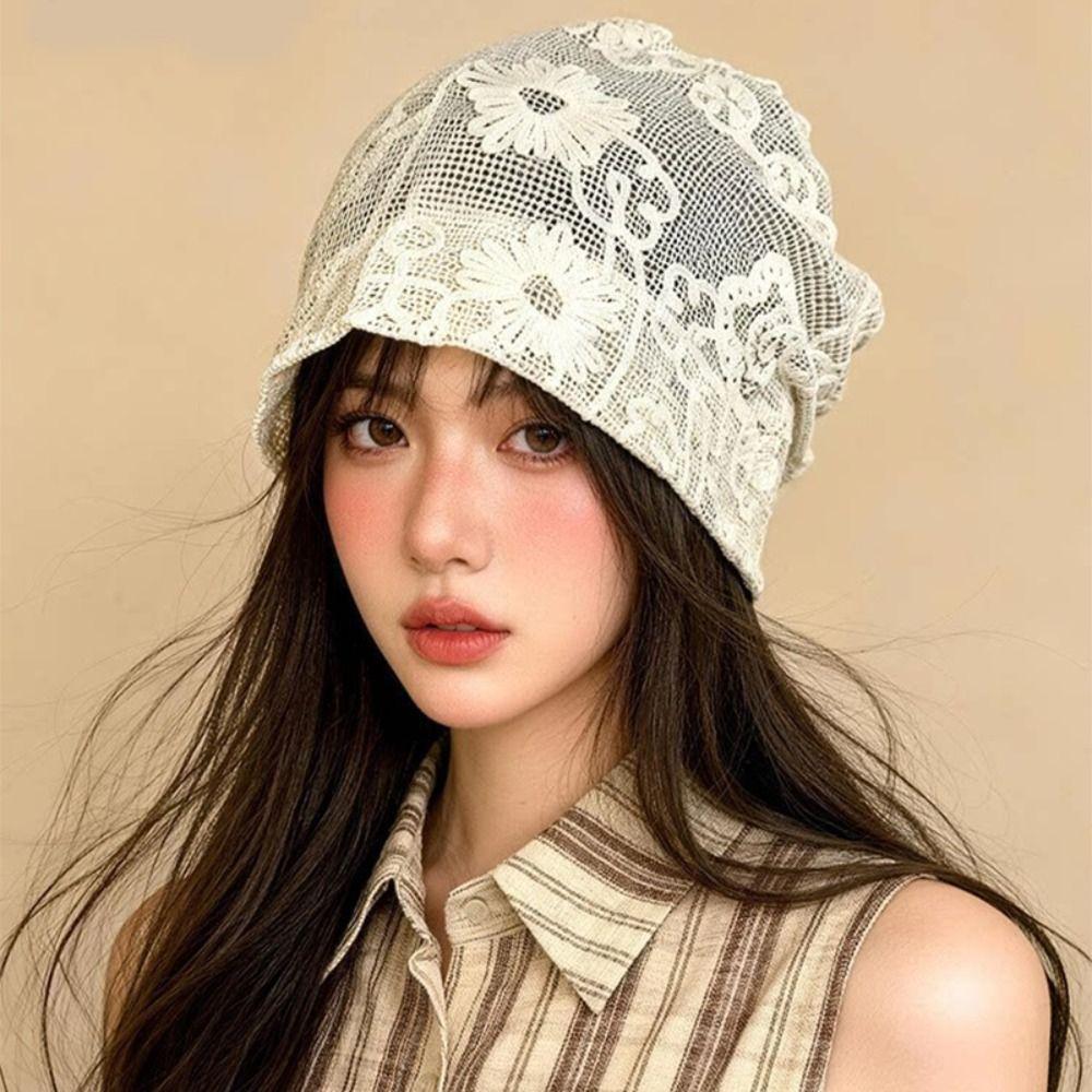 Retro Embroidered Crochet Flower Lace Hat Spicy Girl Thin Hollow Out Beanies Korean Style Breathable Weave Knitted Cap Outdoor