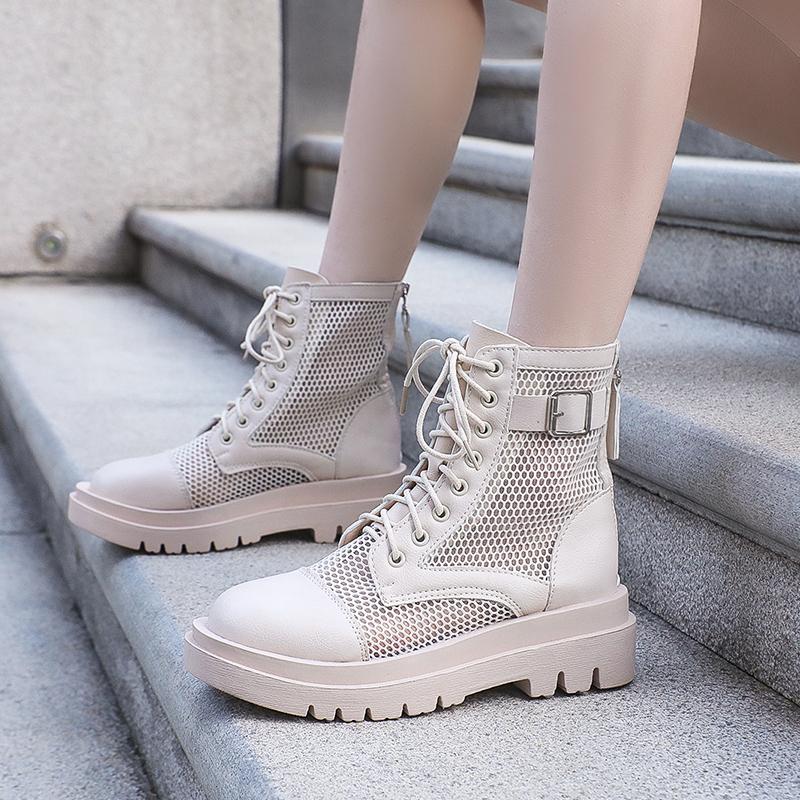 Summer New Women's Ankle Boots Breathable Mesh Lace-up Chunky Platform Style Belt Buckle Back Zipper Sandals for Ladies
