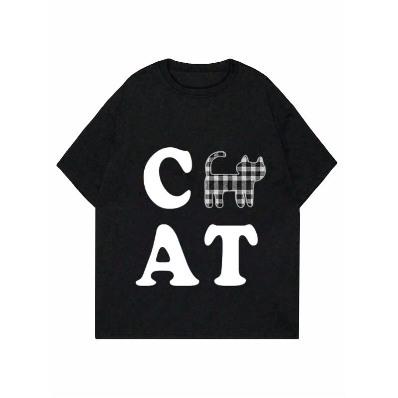 Women Casual Loose T Shirt Black Cat Plaid Print Letter Design For Home Daily Wear