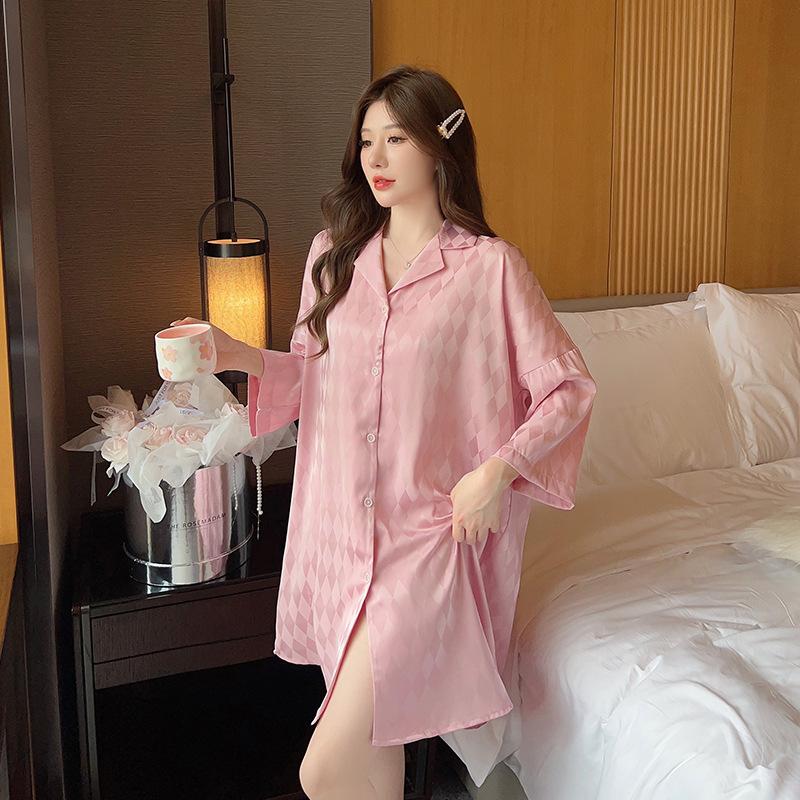Summer plaid simple ice silk nightdress lapel cardigan shirt skirt long sleeve spring and autumn thin fashion pajamas women