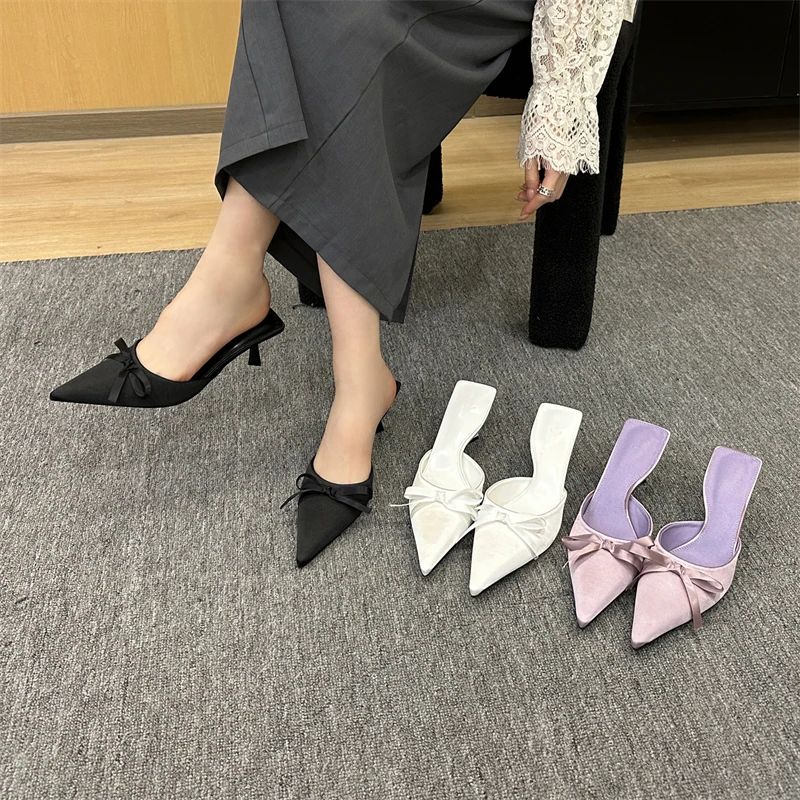 Eilyken Spring Summer Silk Butterfly-knot Women's Slippers Sandals Pointed Toe High Heel Pumps Ladies Stripper Mules Shoe