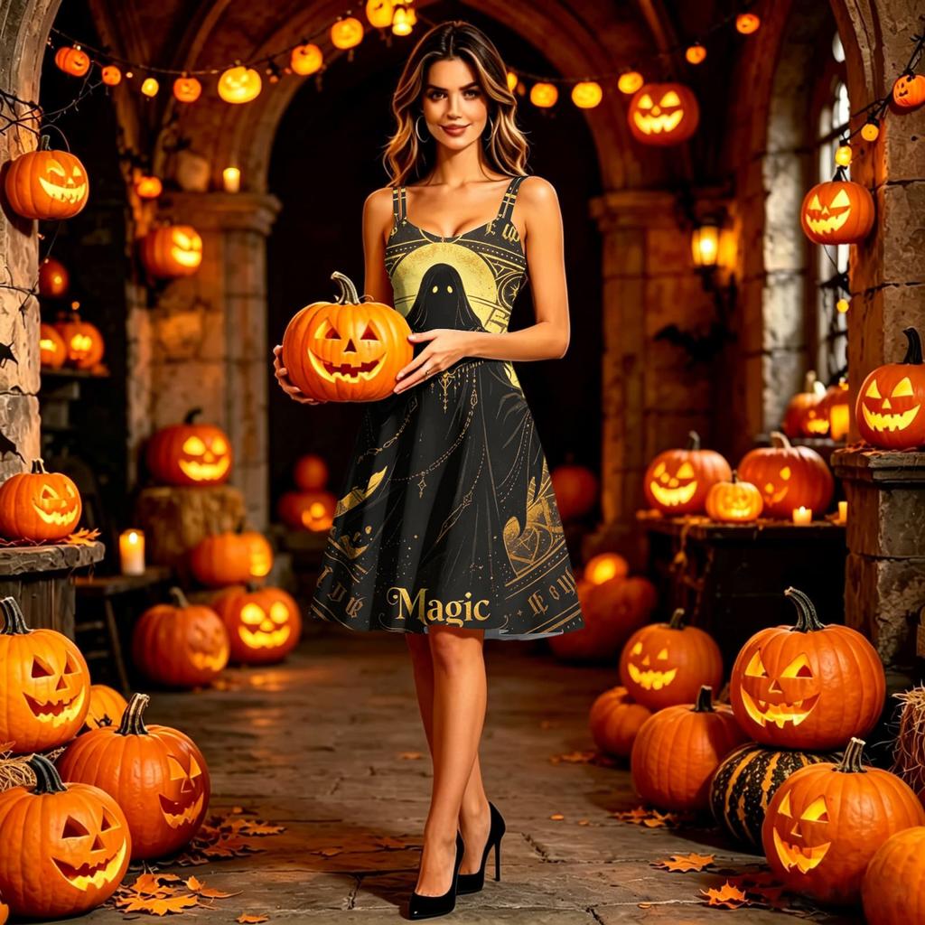 Women’s Halloween Print Sleeveless Dress with Spaghetti Straps Pattern A-Line Midi Dress for Holiday Party Cosplay