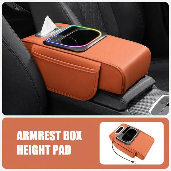 5-in-1 Car Armrest Organizer with Tissue Cup Holder USB Charging Port Ambient Light Car Interior Storage Booster Pad for Most Vehicles Portable Car