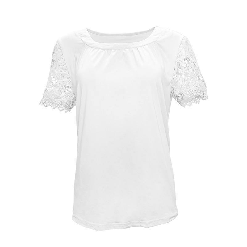 Damenmode Sommer Neu Lässig Rundhals Kurzarm Spitze Plissee T-Shirt Top