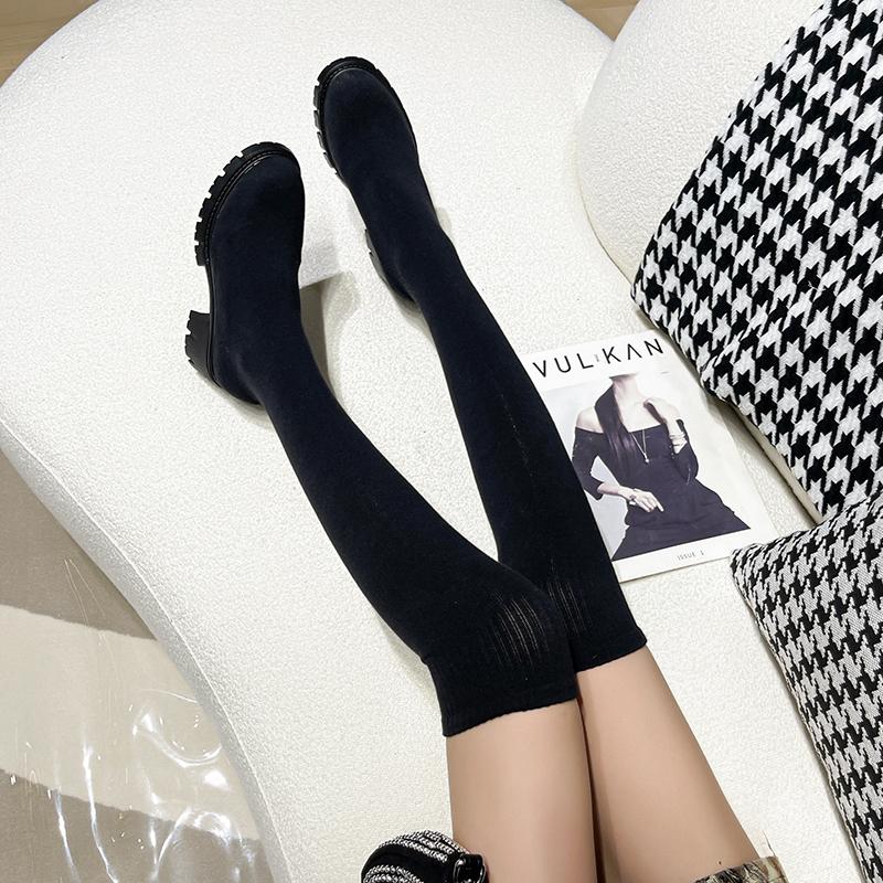 Fashion Sexy High Sock Boots Women Winter New Fashion Over The Knee Warm Botas Mujer Suede Lace Up Pumps Shoes High Heels Boots