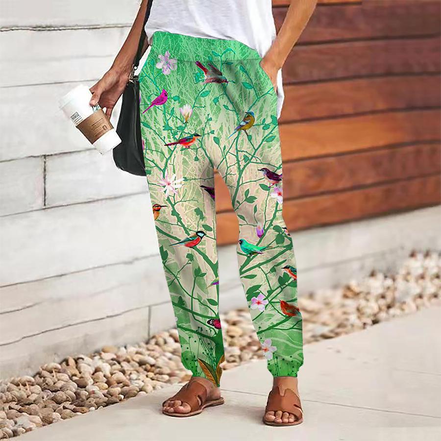 Women Bird Printing Pants Lace Up Elastic Waist Loose  Trousers Casual Long Pants Trousers with Pockets