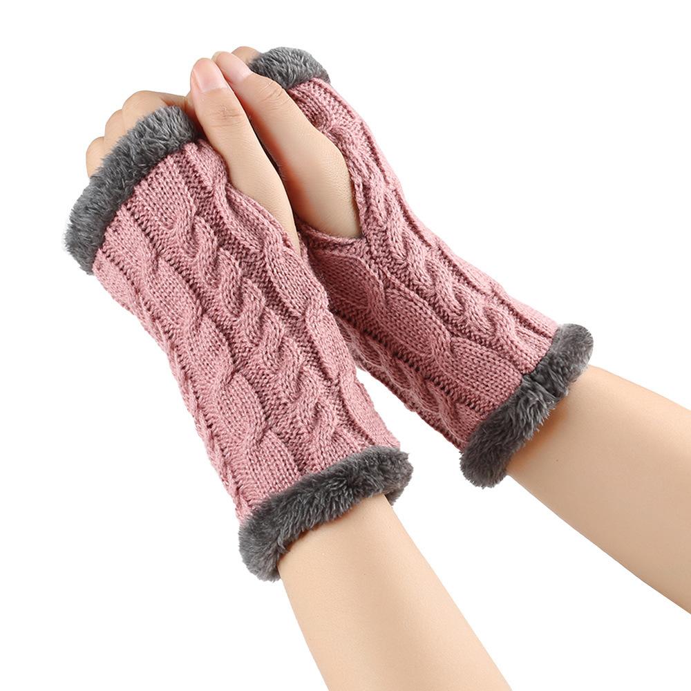 Solid Color Knitting Fingerless Plush Gloves Arm Warmers Thicked Gloves Autumn Winter Mittens For Adult