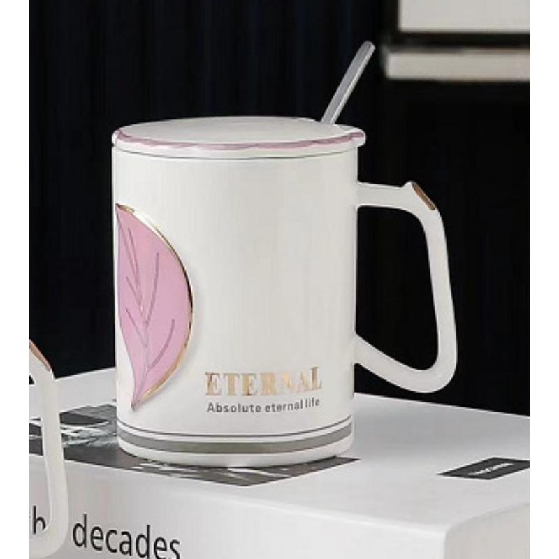 Creative Embossed Gold Leaf Ceramic Cup with Lid Spoon Afternoon Tea Coffee Cup Couple Mug Exquisite Souvenir Cup