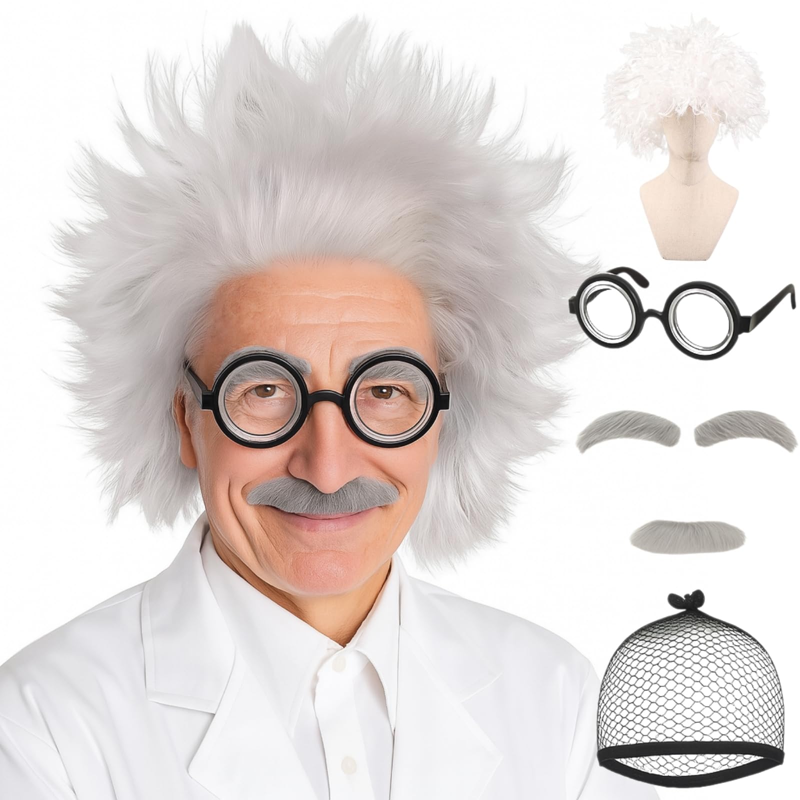 

Doctor Cosplay Comedy Duo White Hair Wig Beard Old Man Costume Scientist Cosplay Wig and Beard Set [Avidora] Stand-up