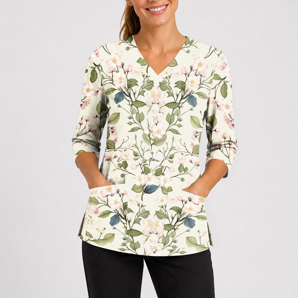 Women's Floral Print Scrub Top with V-Neck, Pockets, Side Slits and 3/4 Sleeves