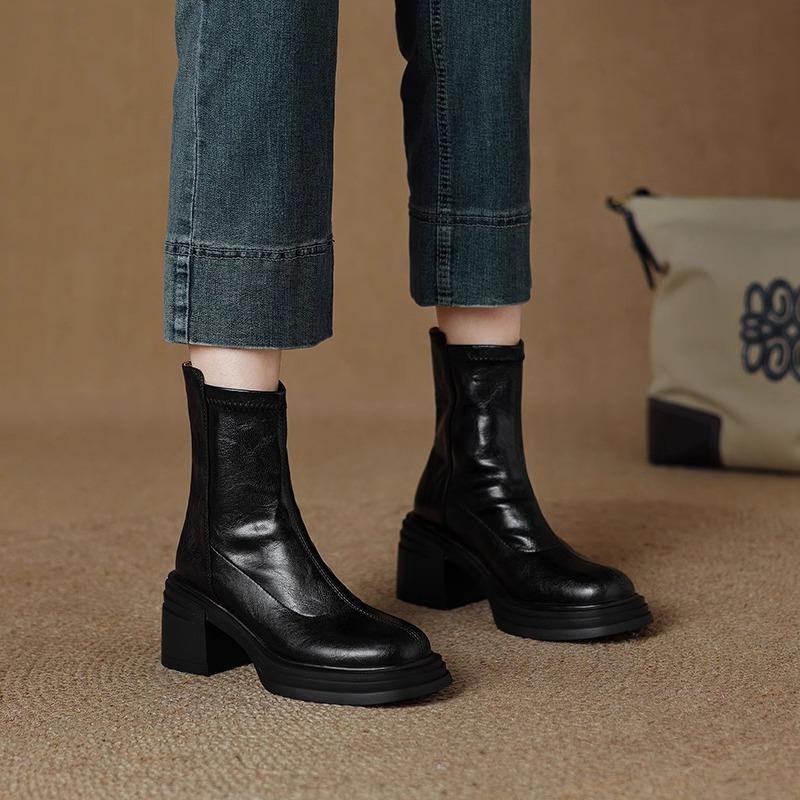 Women's Thick Heel Cotton Boots Winter New Round Head Back Zipper Leather Soft Soled Non-slip Mid-calf Boots