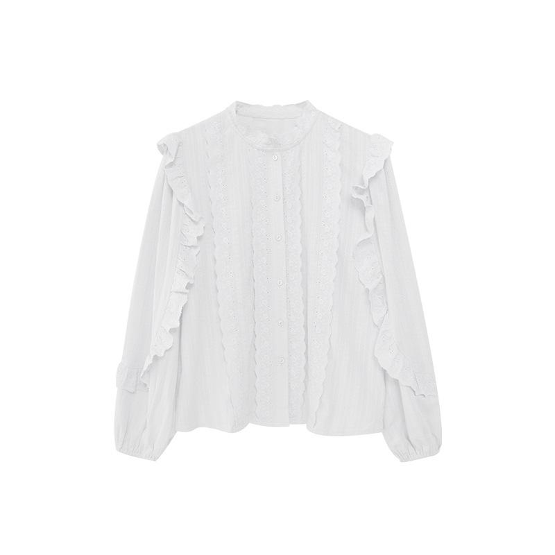 

NEWOPEN 2025 Ранняя весна Рубашка с длинными рукавами и воротником-стойкой во французском стиле с оборкой по краю