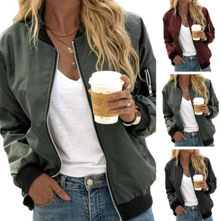 Women Loose Cardigan Coat Daily Lady Solid Color Zip-up Stand Collar Elastic Cuff Hem