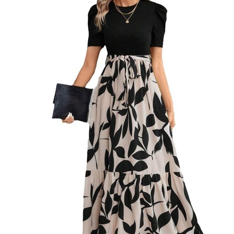Women Clothing Spring and Summer Print Round Neck Maxi Dress Vacation Elegant