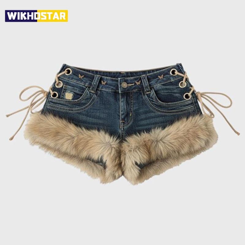 Winter Neu Damen Retro Design Flauschige Patchwork Jeans Shorts Y2k Niedrige Taille Träger Schlank Heiße Hosen