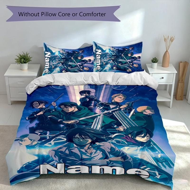 3pcs Custom Name Attack On Titan Set,Includes 1 Duvet Cover and 2 Pillowcases,All-season Bedroom Decor