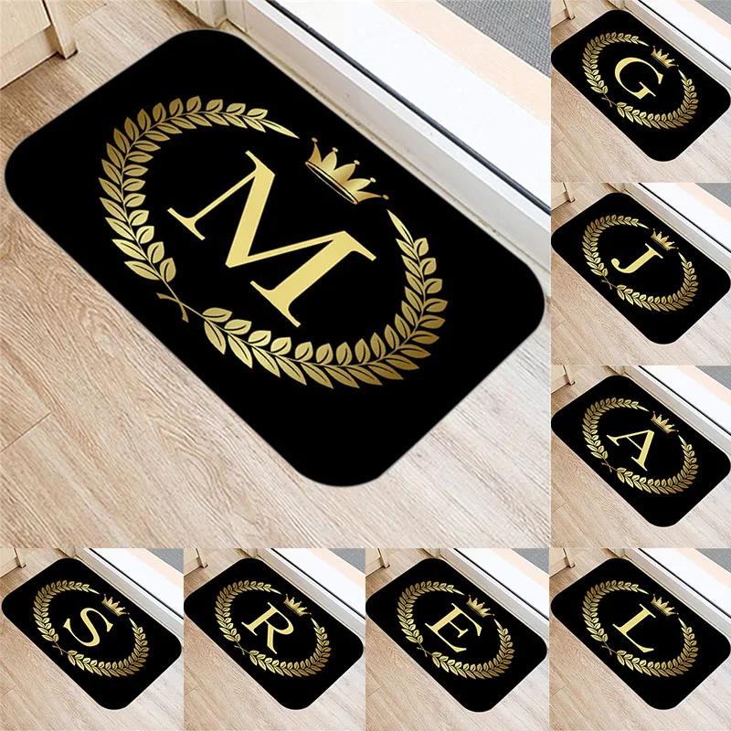 Kitchen Bathroom Non-slip Floor Mat Style Indoor Rug Black Gold Crown Letter Decoration Entrance Door