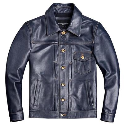 Chinesische Größe Vintage Blau Herren Lederjacke Echtes Rindsleder Kurzmantel Schlankes Revers Arbeitskleidung Natürliche Kalbslederjacken