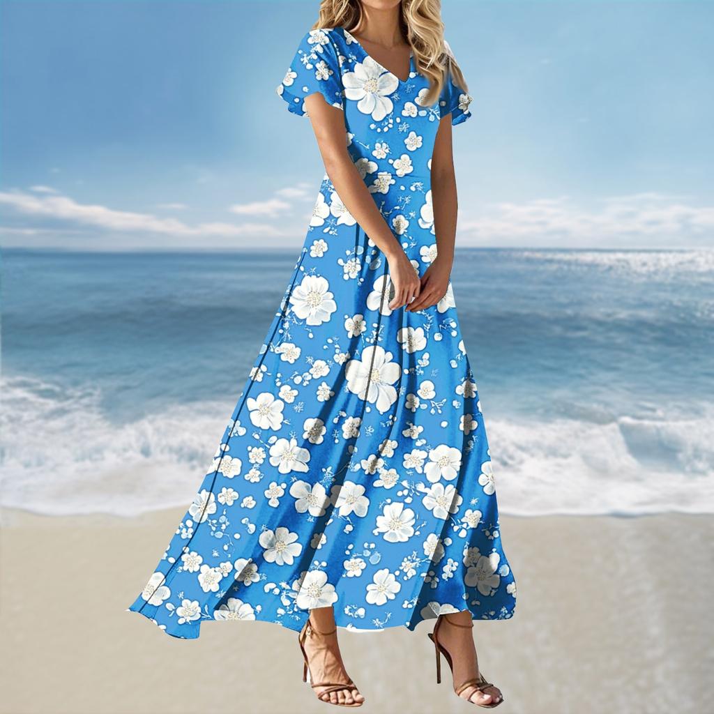 Women's Loose Casual V-Neck Short Sleeved High Waisted Print Dress