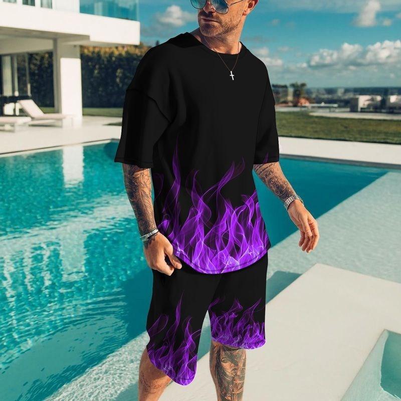 Summer New Men's Short Sleeved Shorts T-shirt Set with 3D Printed Flame Pattern Casual T-shirt Set with Fashionable Sweatshirt