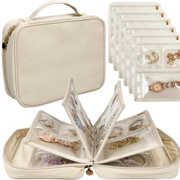 1/2 Travel Jewelry Bag Luggage Organizer Bag Detachable Loose Leaf Jewelry Storage Book with 6 Transparent Zipper Velvet Pouches