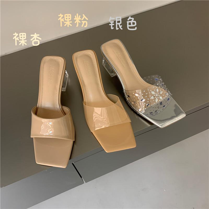 Transparent crystal thick heel cool slippers women's fashion rhinestone sandals