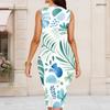 Women Plus Size Round Neck Sleeveless Tropical Leaf Printed Green Brown Cream Bodycon Midi Dress