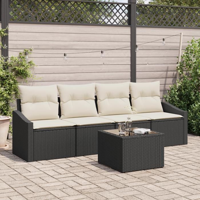 VidaXL Ensemble de Canapé de Jardin 5 pièces avec Coussins Noir Rattan Poly 3346587