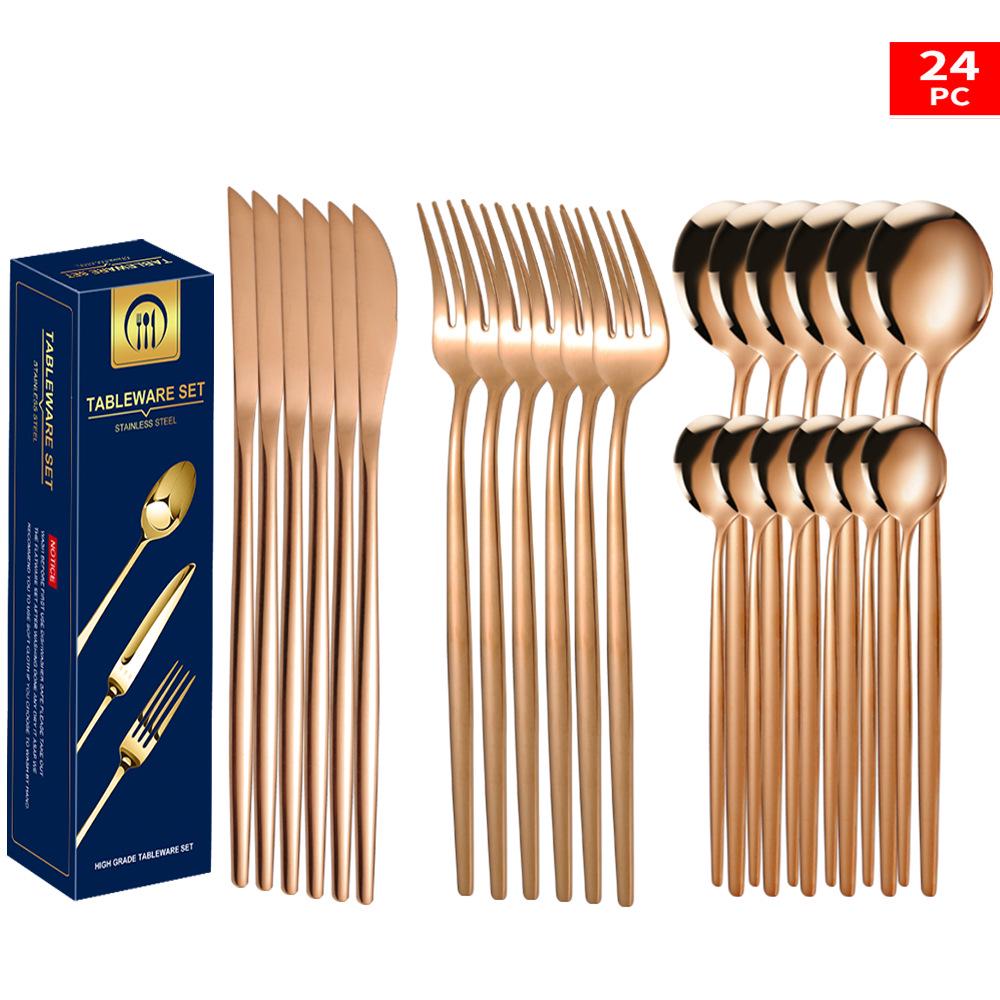 Set tacâmuri din oțel inoxidabil Portugal Gold, 24 de piese: Cuțit de Steak, Furculiță, Lingură de Hotel în Cutie Cadou